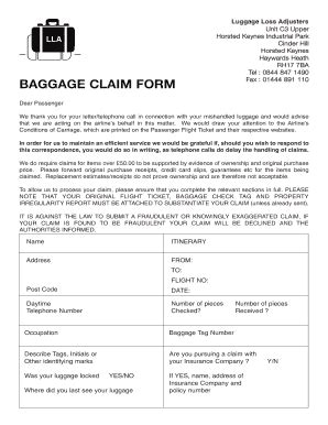Baggage claim form .